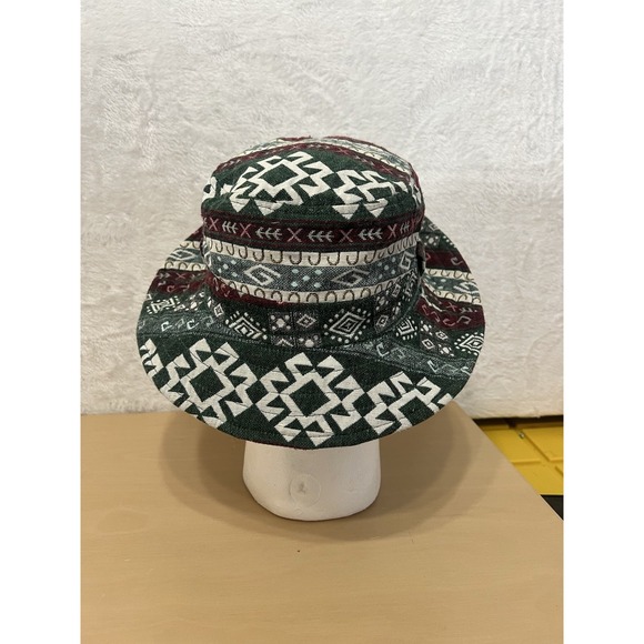 Vintage Boho Tribal Bucket Hat Green Burgundy Thailand Cotton Lined - Picture 4 of 6